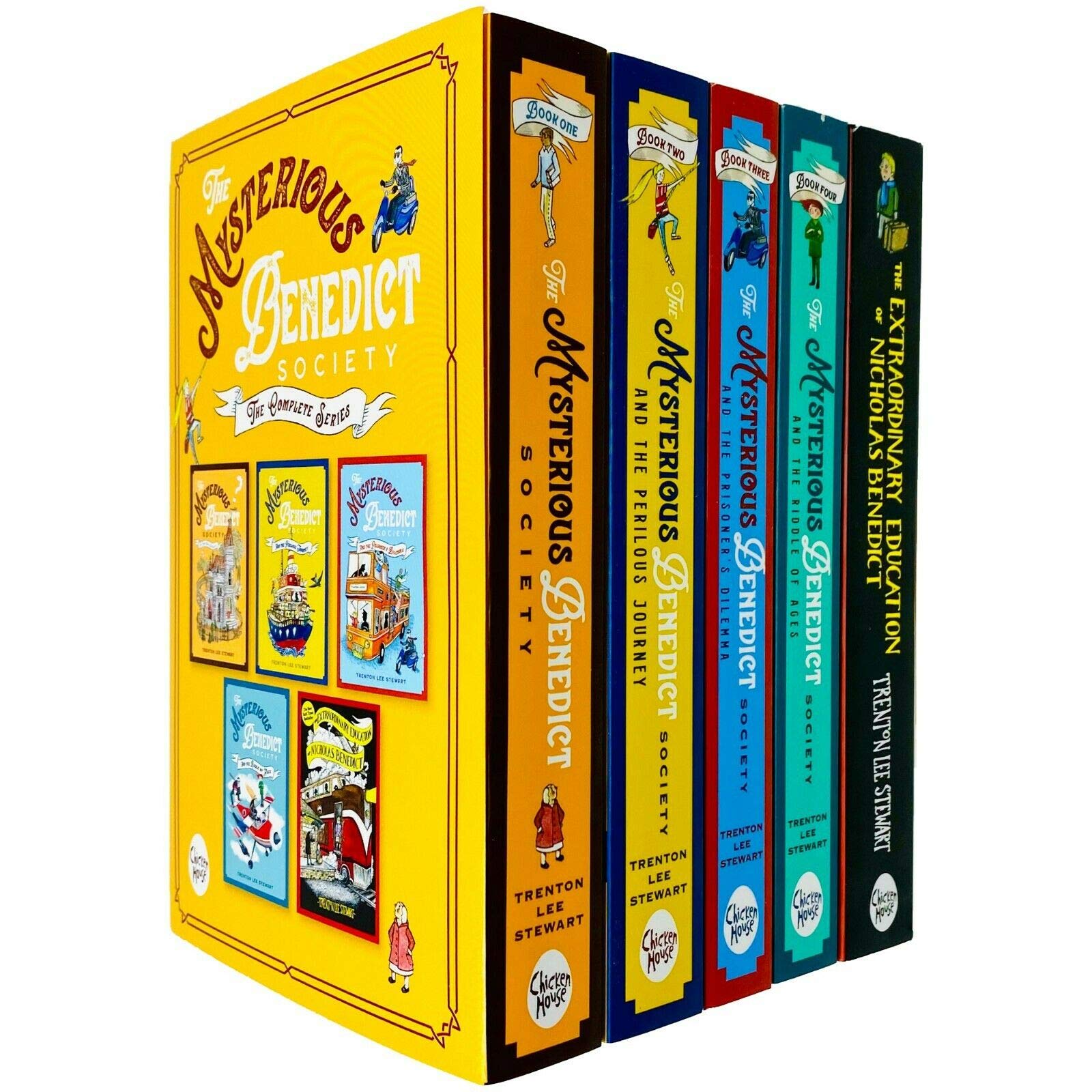 The Mysterious Benedict Society Complete Series 5 Books Collection Set by Trenton Lee Stewart, front cover paperback box set
