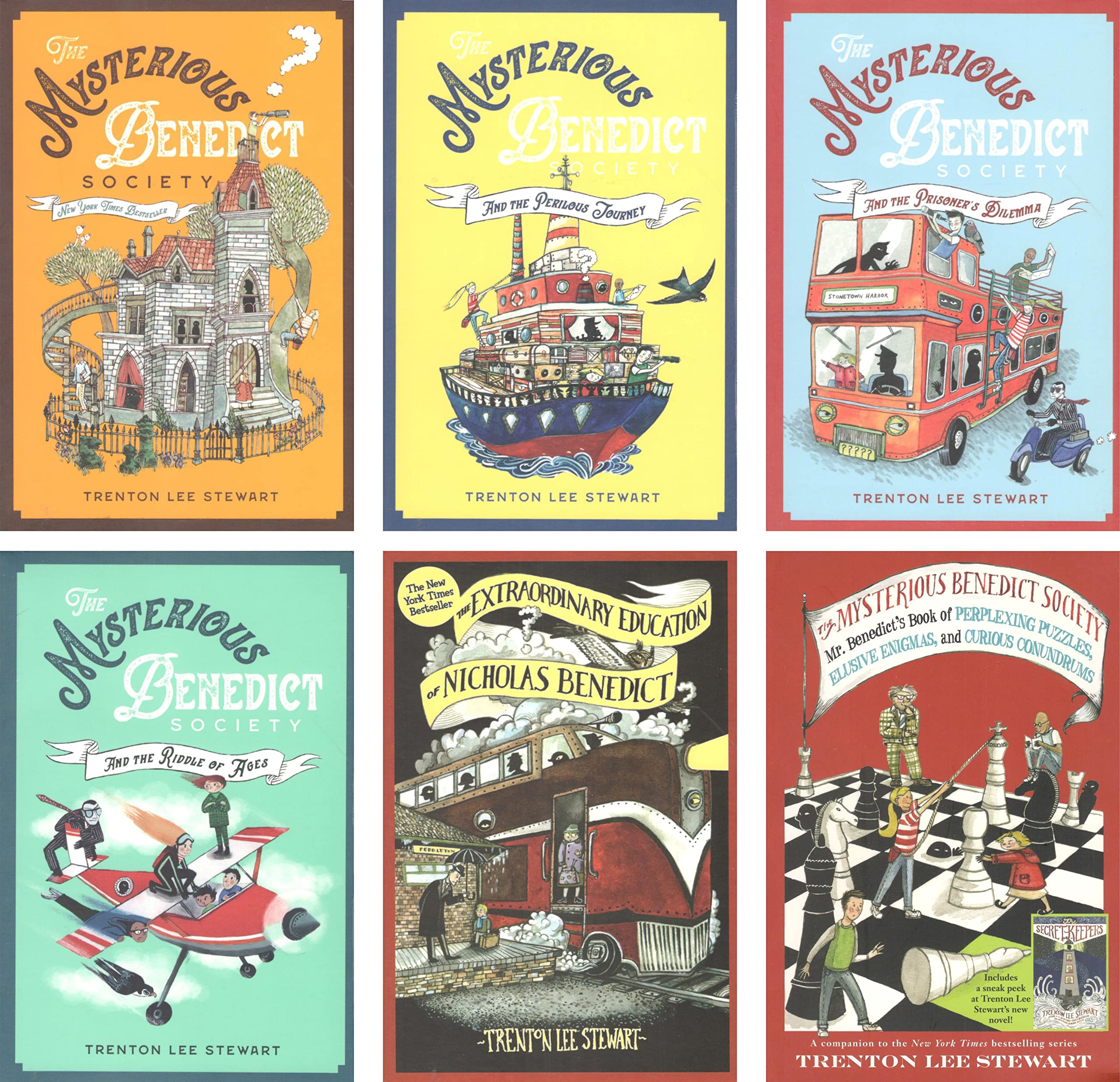 The Mysterious Benedict Society 6 Books Collection Set by Trenton Lee Stewart, paperback front covers fanned out
