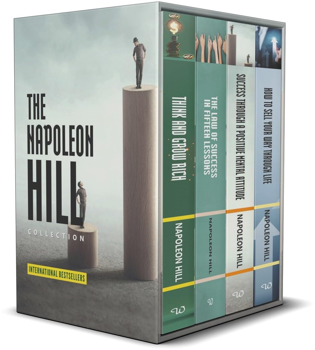 Close-up of the Napoleon Hill 4 book paperback set showing the Think and Grow Rich cover design.