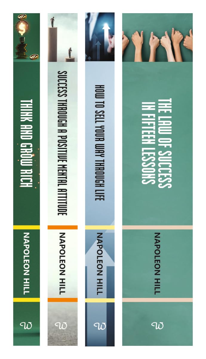 Full arrangement of all four Napoleon Hill paperback books in the collection set laid out flat.