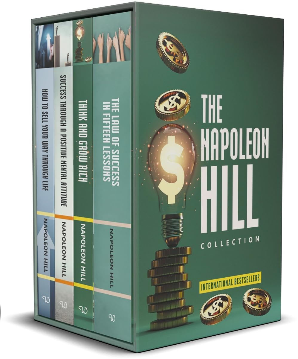 Napoleon Hill 4 Books Collection Set paperback, front covers of Think and Grow Rich, The Law of Success, Success Through a Positive Mental Attitude, and How to Sell Your Way Through Life displayed together.
