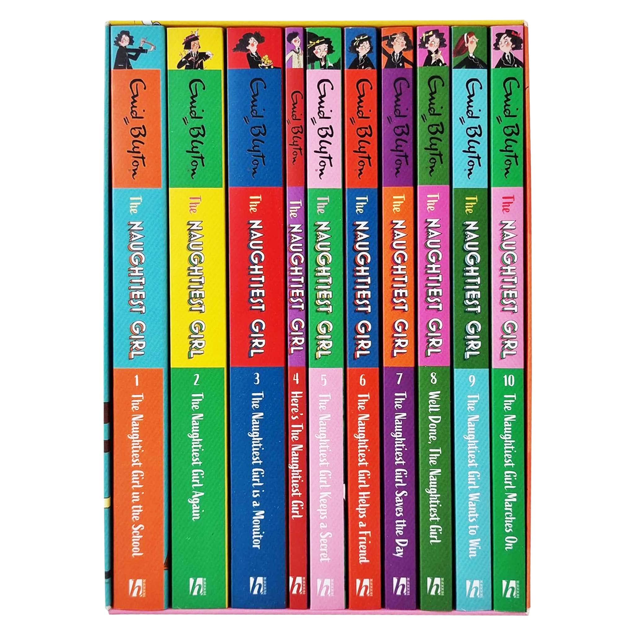 Close-up of individual Naughtiest Girl paperback titles from the 10-book Enid Blyton collection