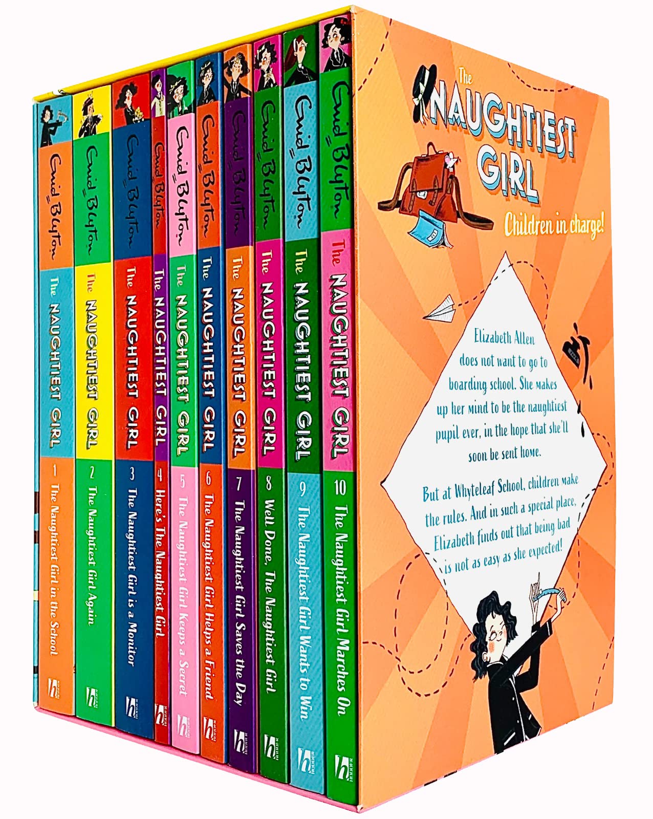 The Naughtiest Girl 10 books collection set spines showing all titles by Enid Blyton