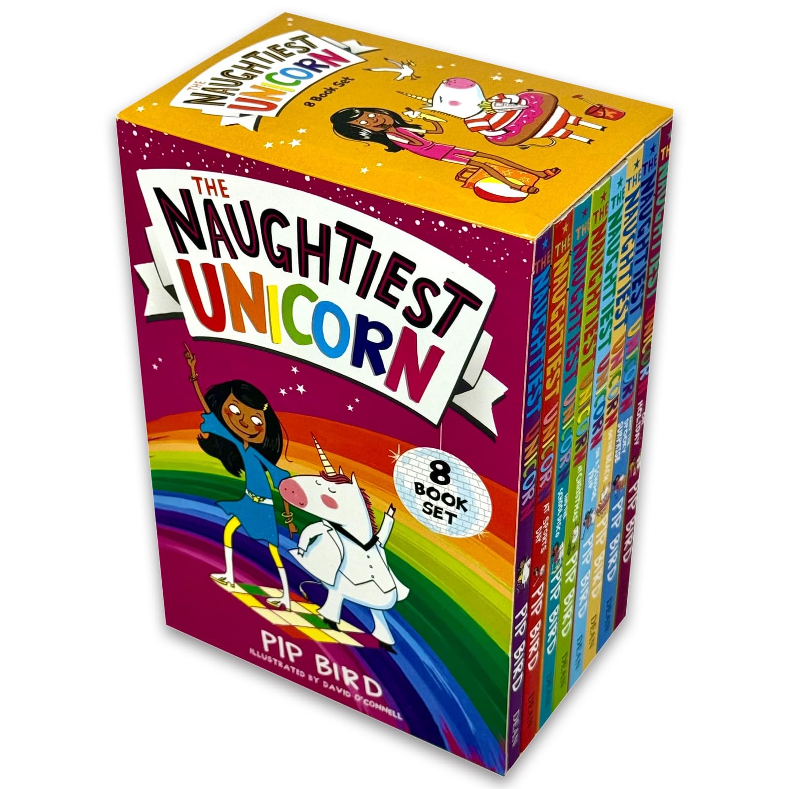 Close-up of The Naughtiest Unicorn at Sports Day and School Disco paperback covers by Pip Bird