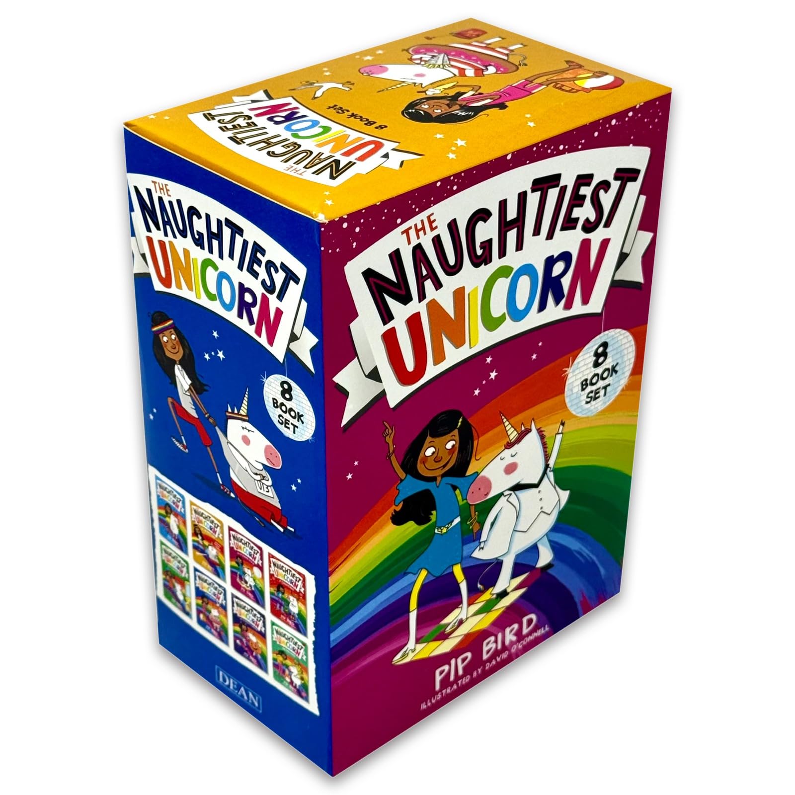 Back cover artwork and blurb from The Naughtiest Unicorn paperback book collection