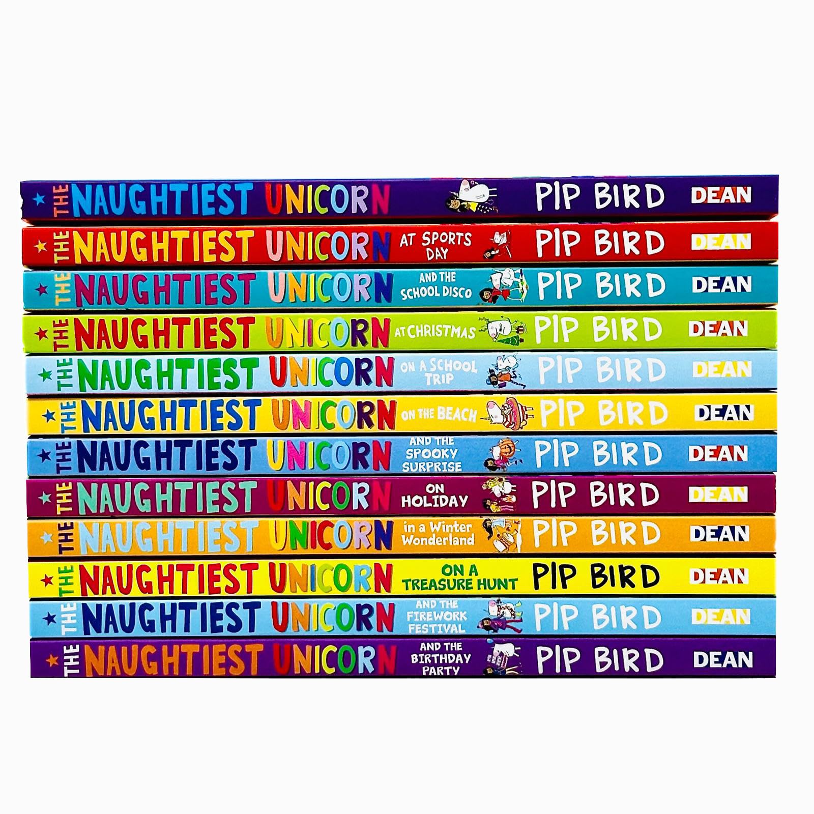 Back of the box showing the full title list for the Naughtiest Unicorn 12-book paperback set