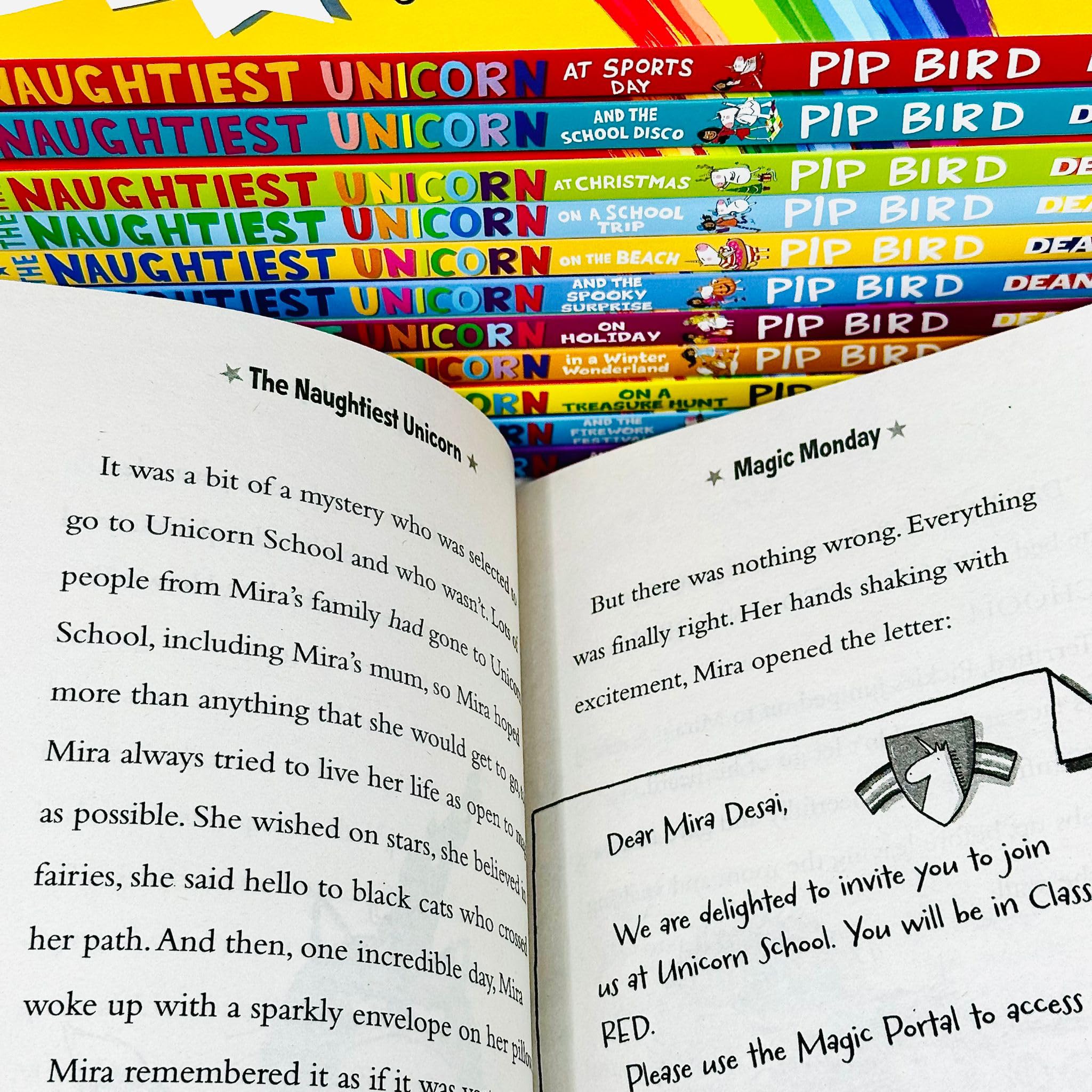 All 12 Naughtiest Unicorn paperback books fanned out showing their colorful covers