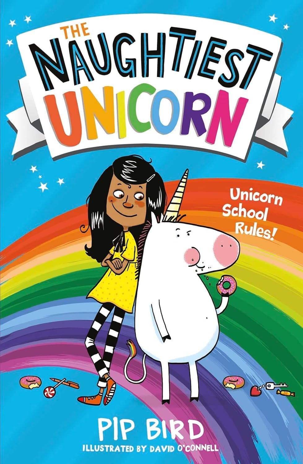 Close-up of The Naughtiest Unicorn paperback cover, book one in the series