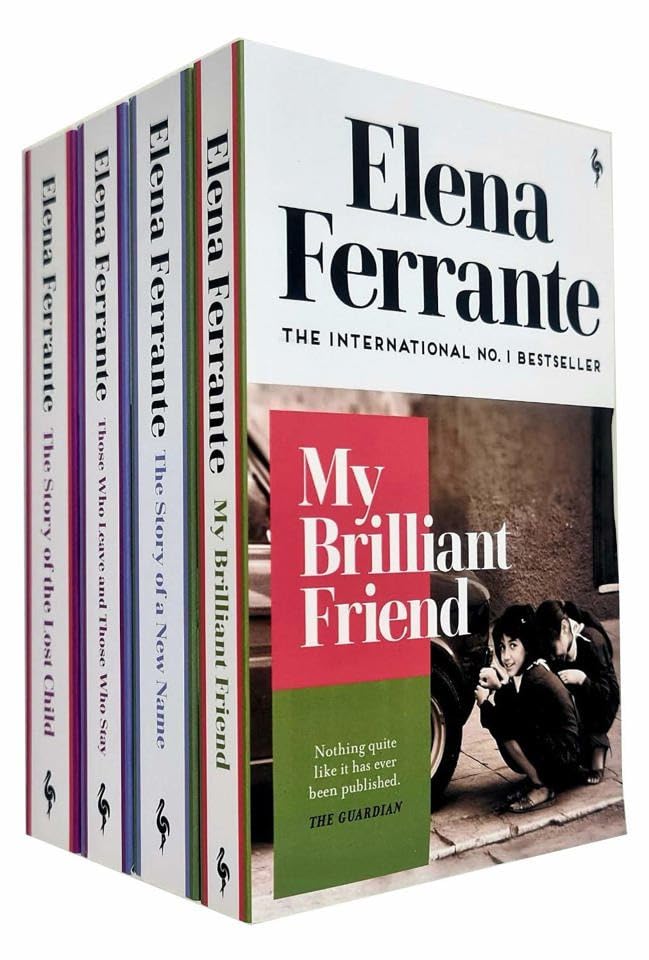 Neapolitan Novels 4-book paperback collection set by Elena Ferrante, front covers of My Brilliant Friend, The Story of a New Name, Those Who Leave and Those Who Stay, and The Story of the Lost Child, published by Europa Editions.