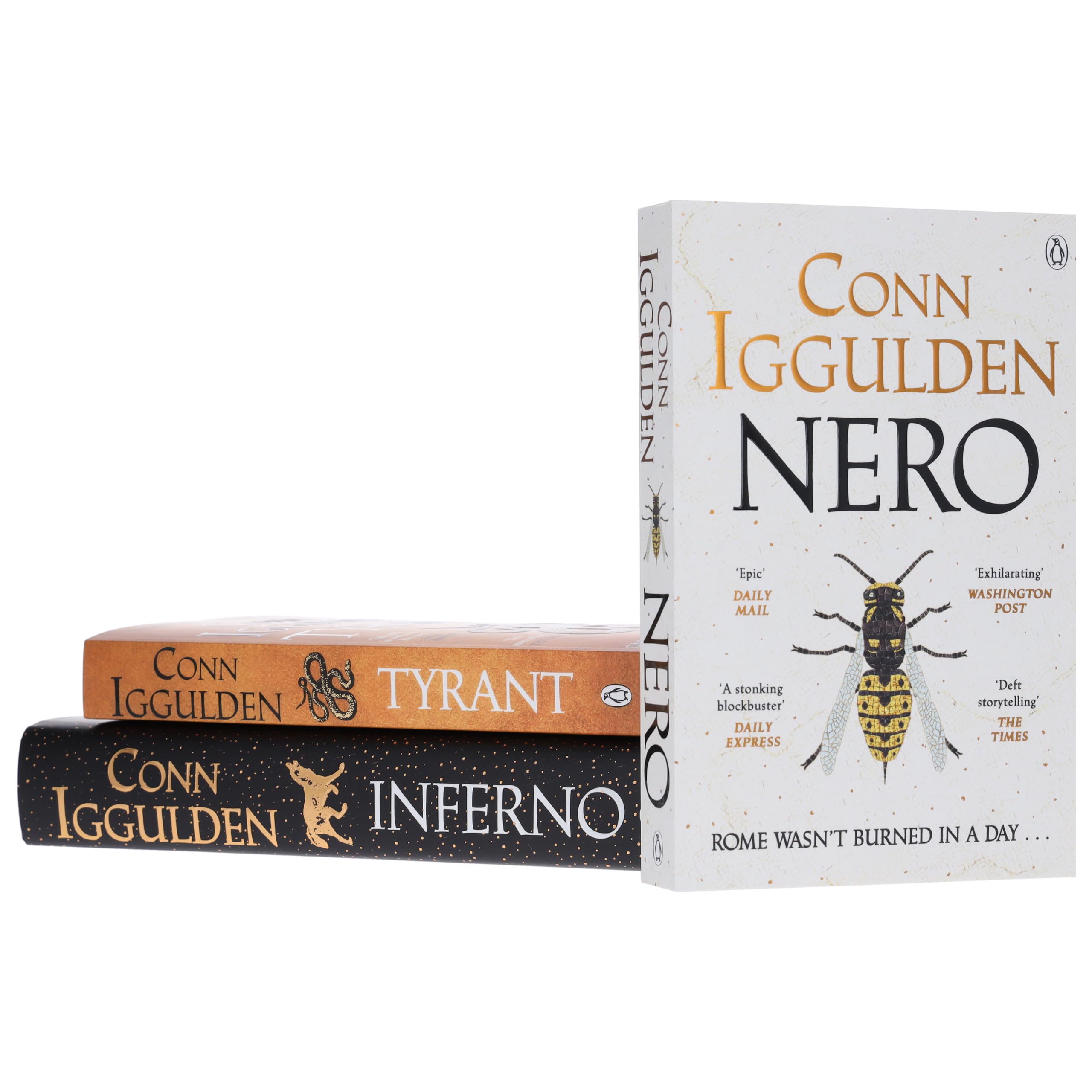 All three spines of the Nero Trilogy collection set fanned out showing mixed hardback and paperback formats