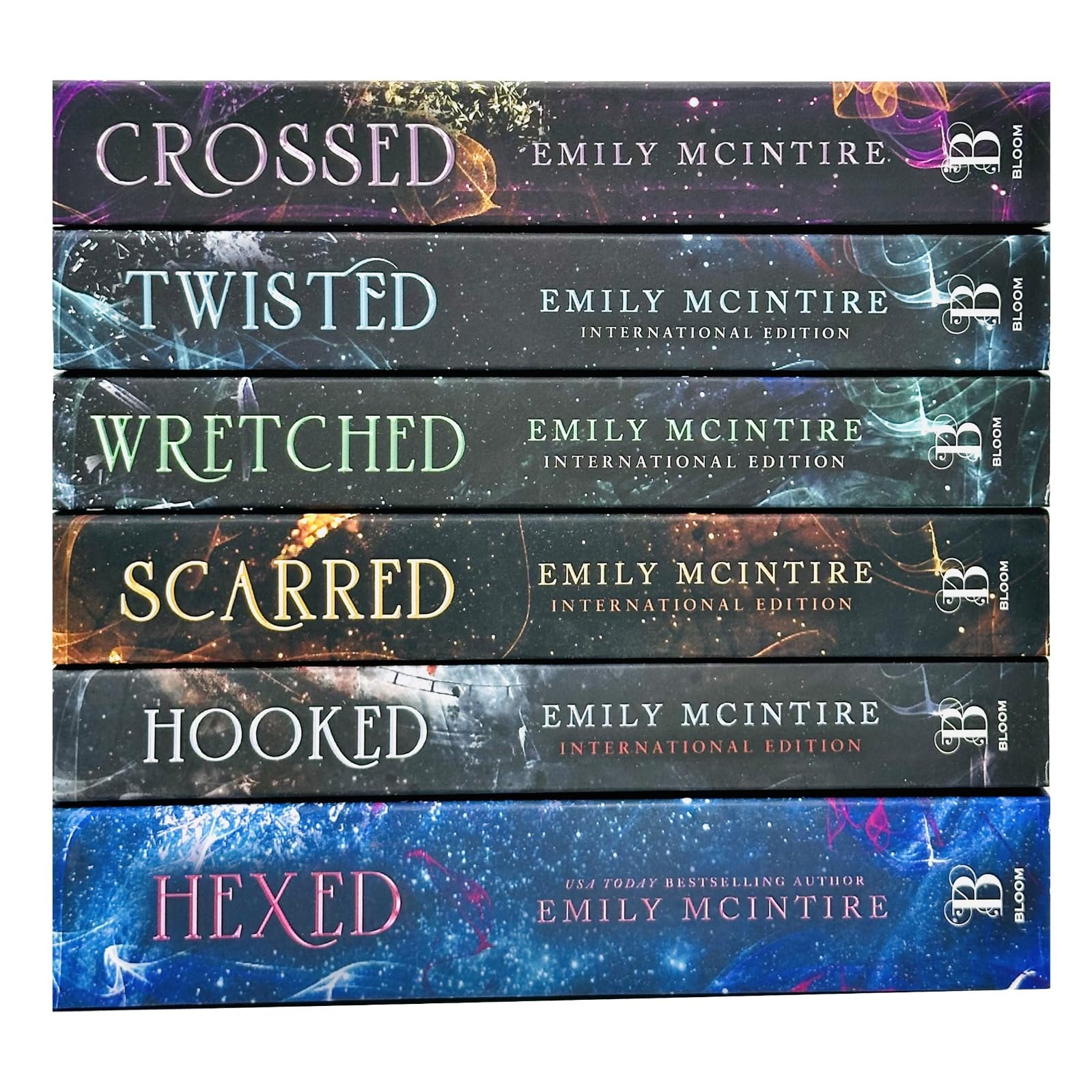 Never After Series paperback set by Emily McIntire - all six book spines and covers fanned out