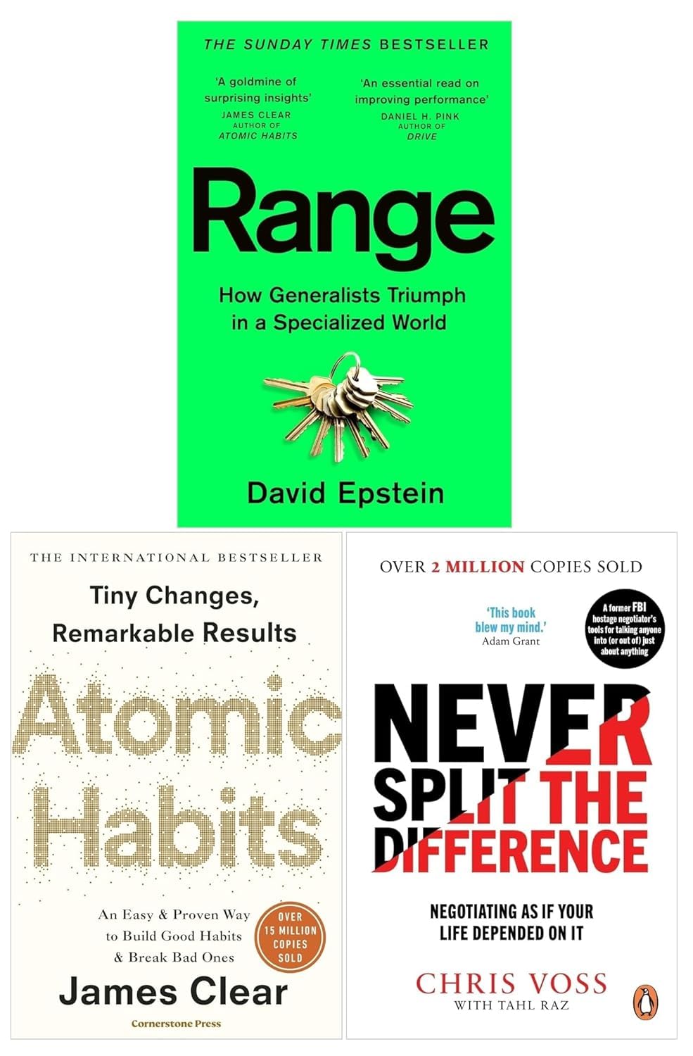 Never Split the Difference, Atomic Habits & Range 3 books collection set paperback front covers