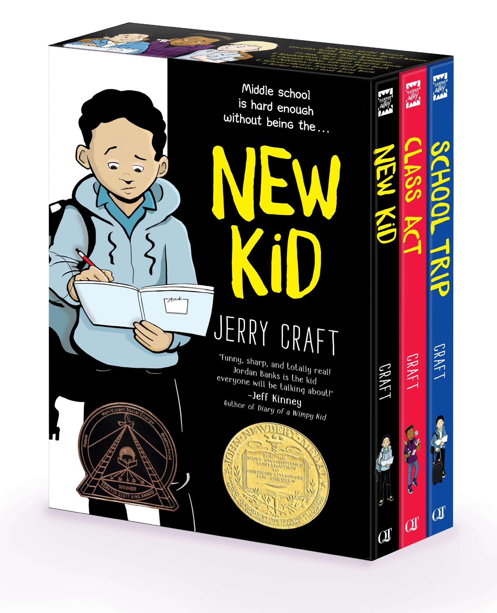 New Kid 3-Book Box Set by Jerry Craft - paperback front cover featuring New Kid, Class Act, and School Trip graphic novels
