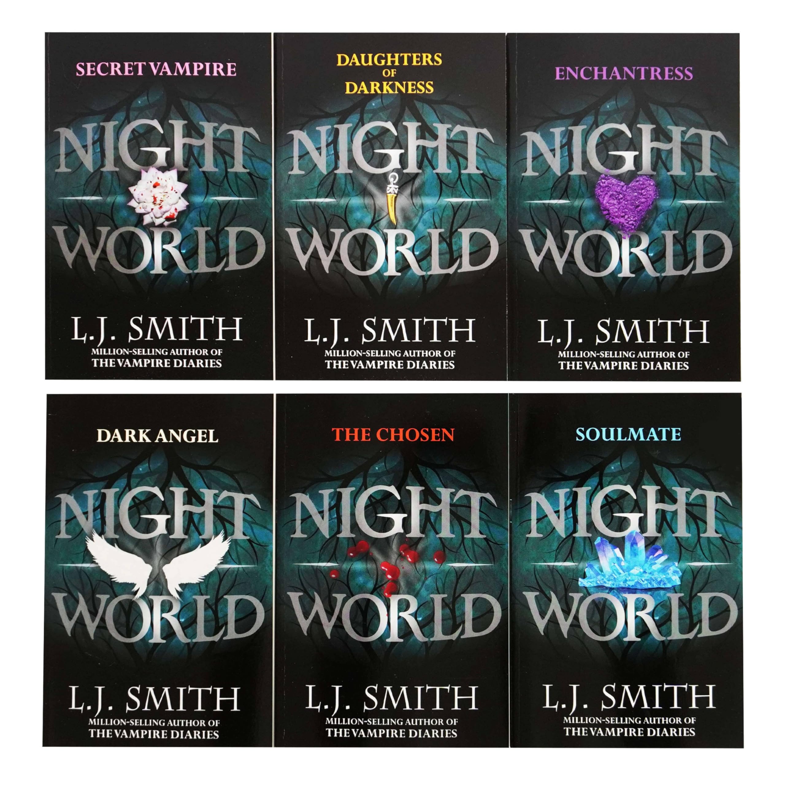 The Night World Series books fanned out showing Daughters Of Darkness, Enchantress, and Dark Angel covers