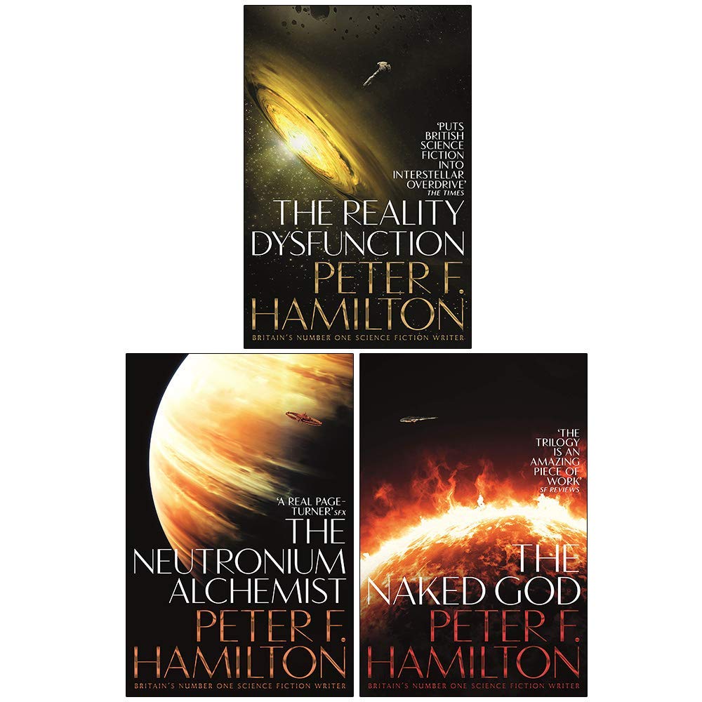 Close-up of the three Night's Dawn Trilogy paperback novels by Peter F. Hamilton arranged together as a set.
