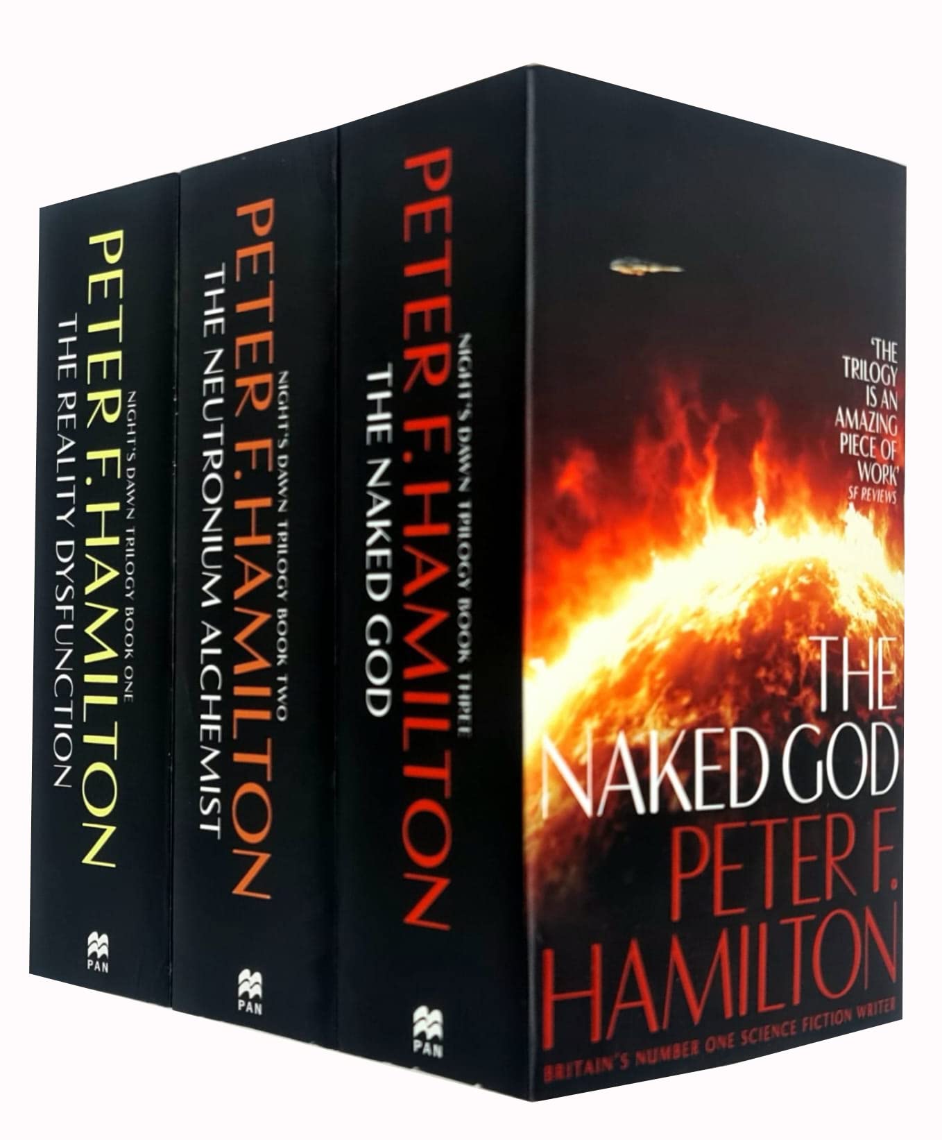 Night's Dawn Trilogy paperback books by Peter F. Hamilton stacked together, showing the colorful cover art of all three novels.