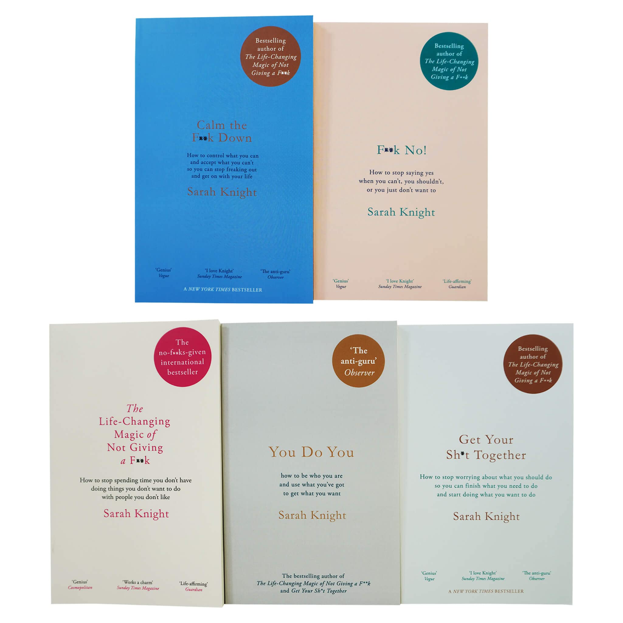 Back cover view of the No F*cks Given Guide 5-book paperback set showing series titles by Sarah Knight