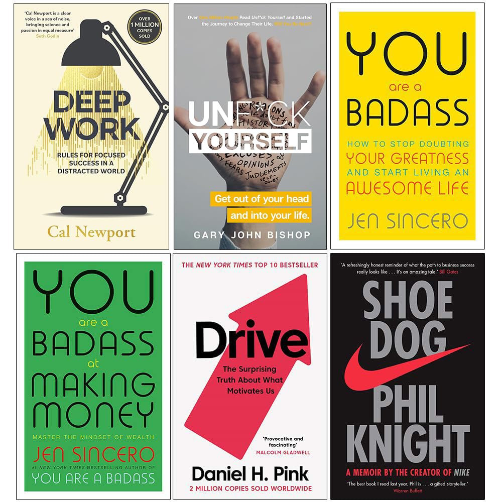 Front-facing view of the Deep Work, Unf*ck Yourself, You Are a Badass, Drive and Shoe Dog 6-book non-fiction paperback collection set.