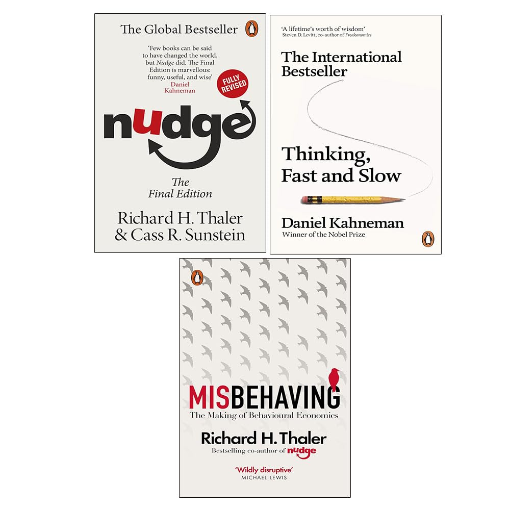 Nudge Trio paperback collection by Thaler, Sunstein and Kahneman - three non-fiction books stacked on a table.