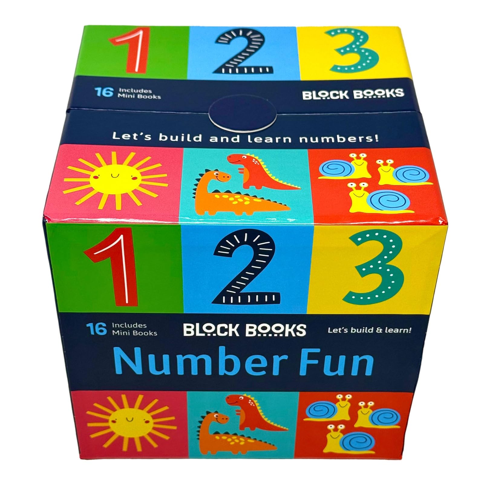 Number Fun block books set fanned out, showing all 16 individual mini board books numbered 1 to 16