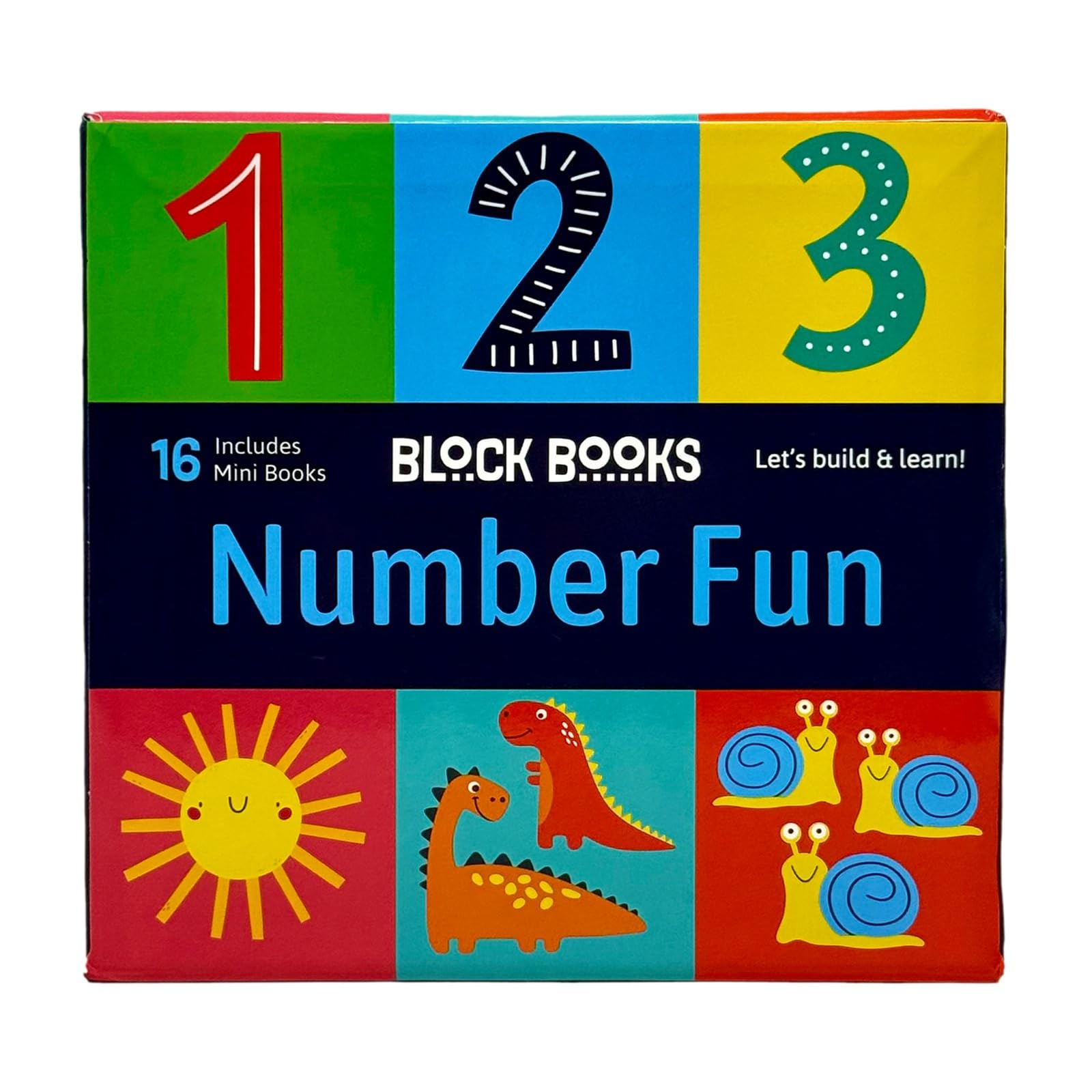 Inside page spread of a Number Fun mini board book showing colorful illustrations and countable objects