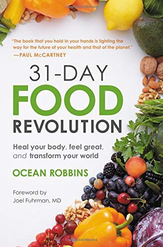 Close-up of 31-Day Food Revolution by Ocean Robbins paperback cover from the 4-book nutrition collection