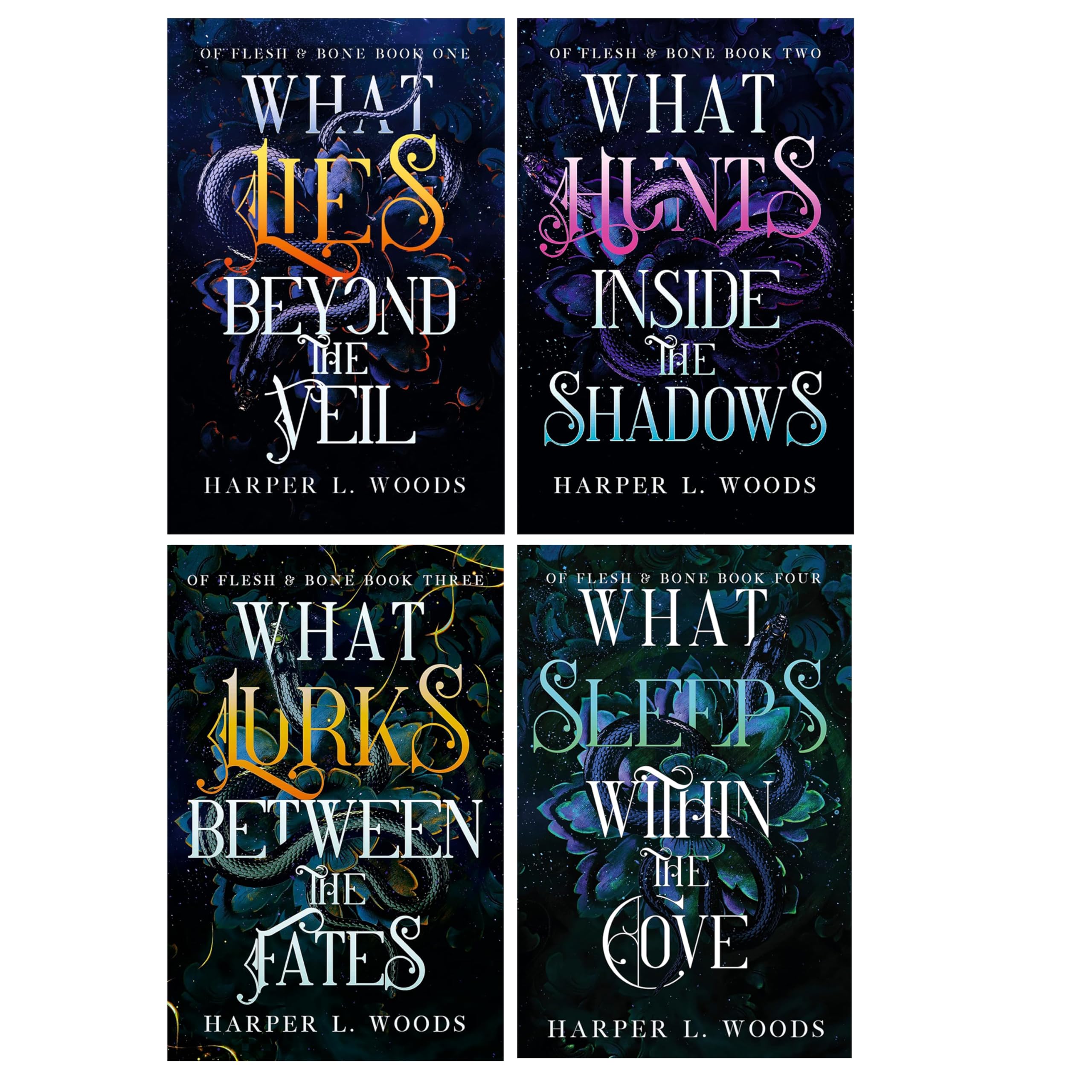 Set of four Of Flesh & Bone series paperback books by Harper L. Woods, fanned out to show all four covers together.