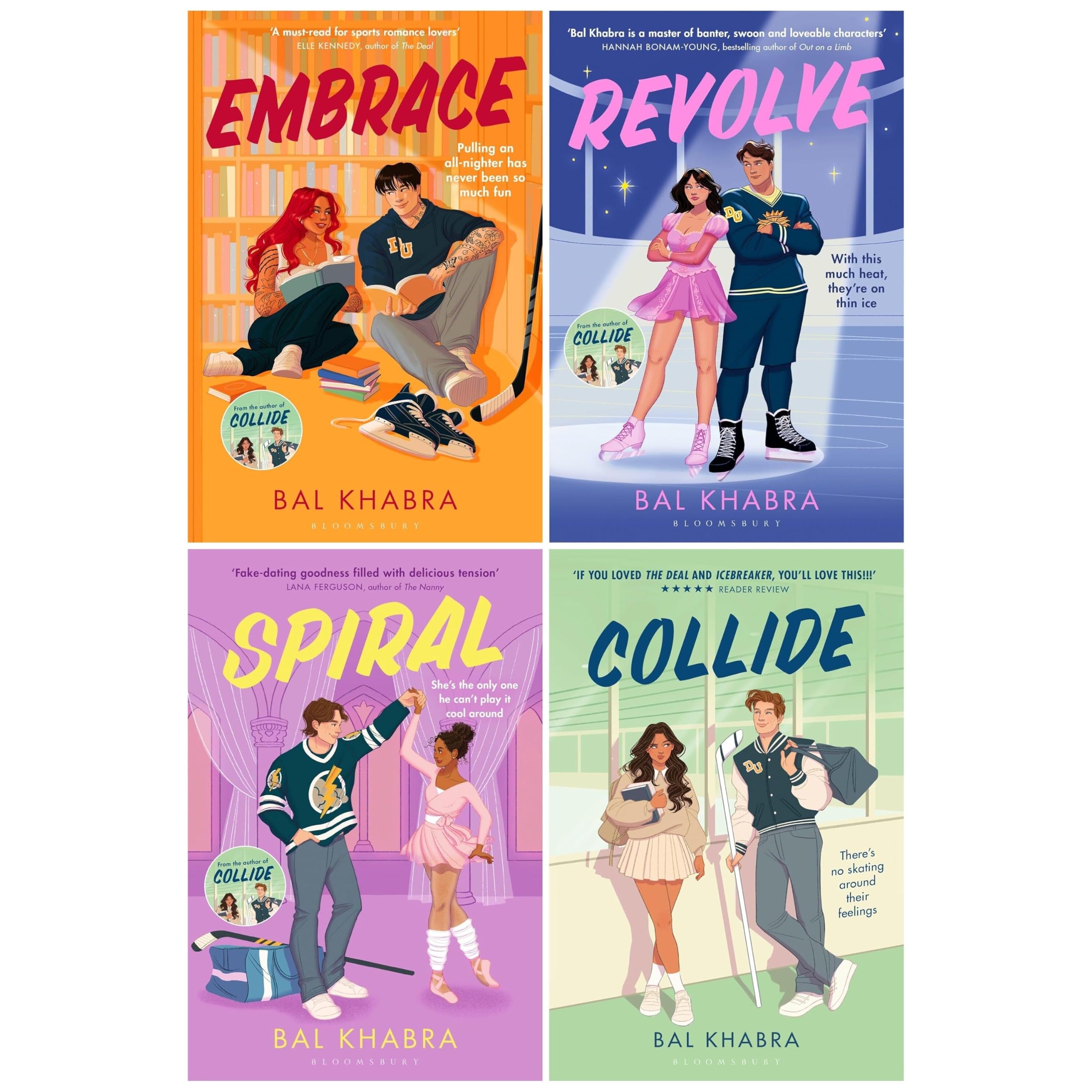 Off the Ice series by Bal Khabra 4-book paperback collection set featuring Collide, Spiral, Revolve, and Embrace front covers