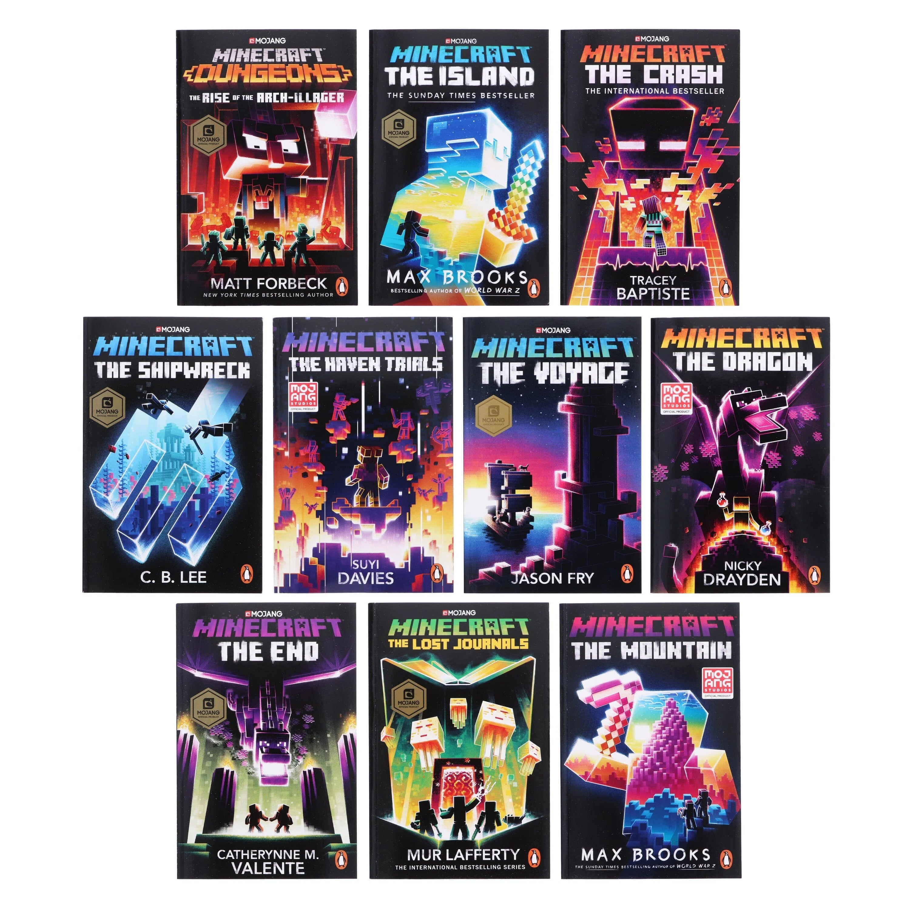Front cover artwork of The Official Minecraft Novels 10 Books Collection Set, showing colorful Minecraft-themed illustrations.