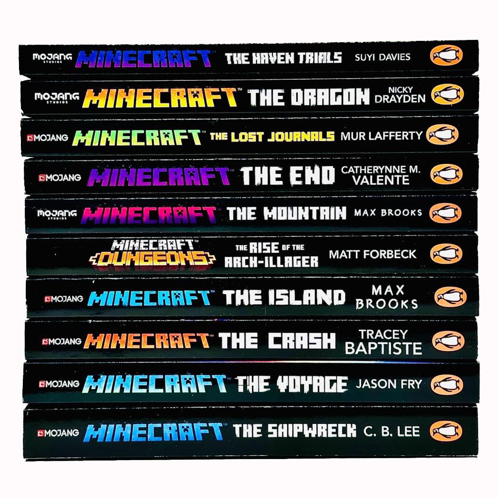 All ten Official Minecraft Novels paperbacks fanned out, showing spines and cover art for each title in the set.