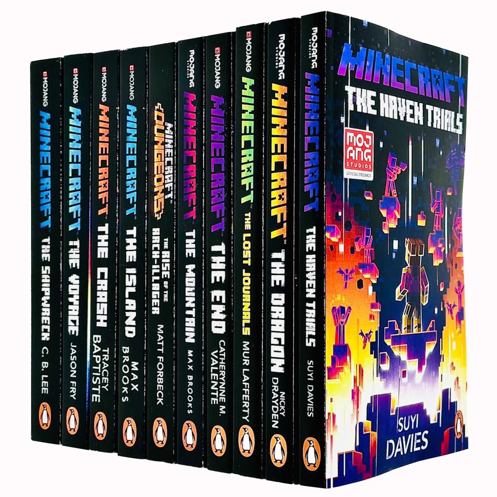 Full set of The Official Minecraft Novels 10 Books Collection paperback set, all ten titles displayed together.