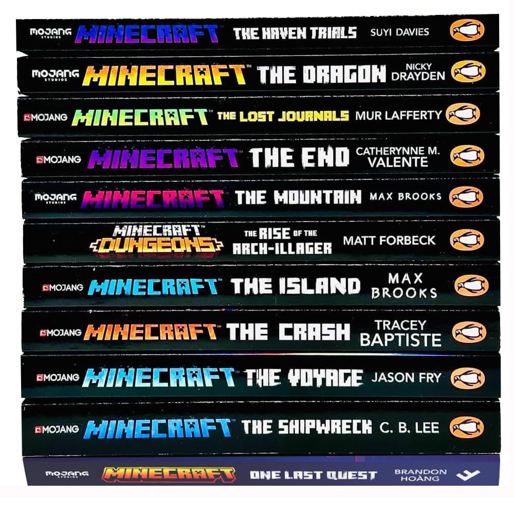 Full set of 11 Official Minecraft Novels paperbacks fanned out showing all book spines and covers