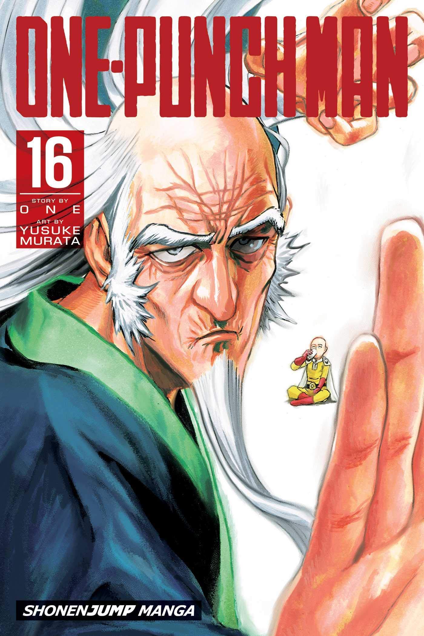 Close-up of One-Punch Man Vol. 16 paperback cover showing Saitama artwork by Yusuke Murata