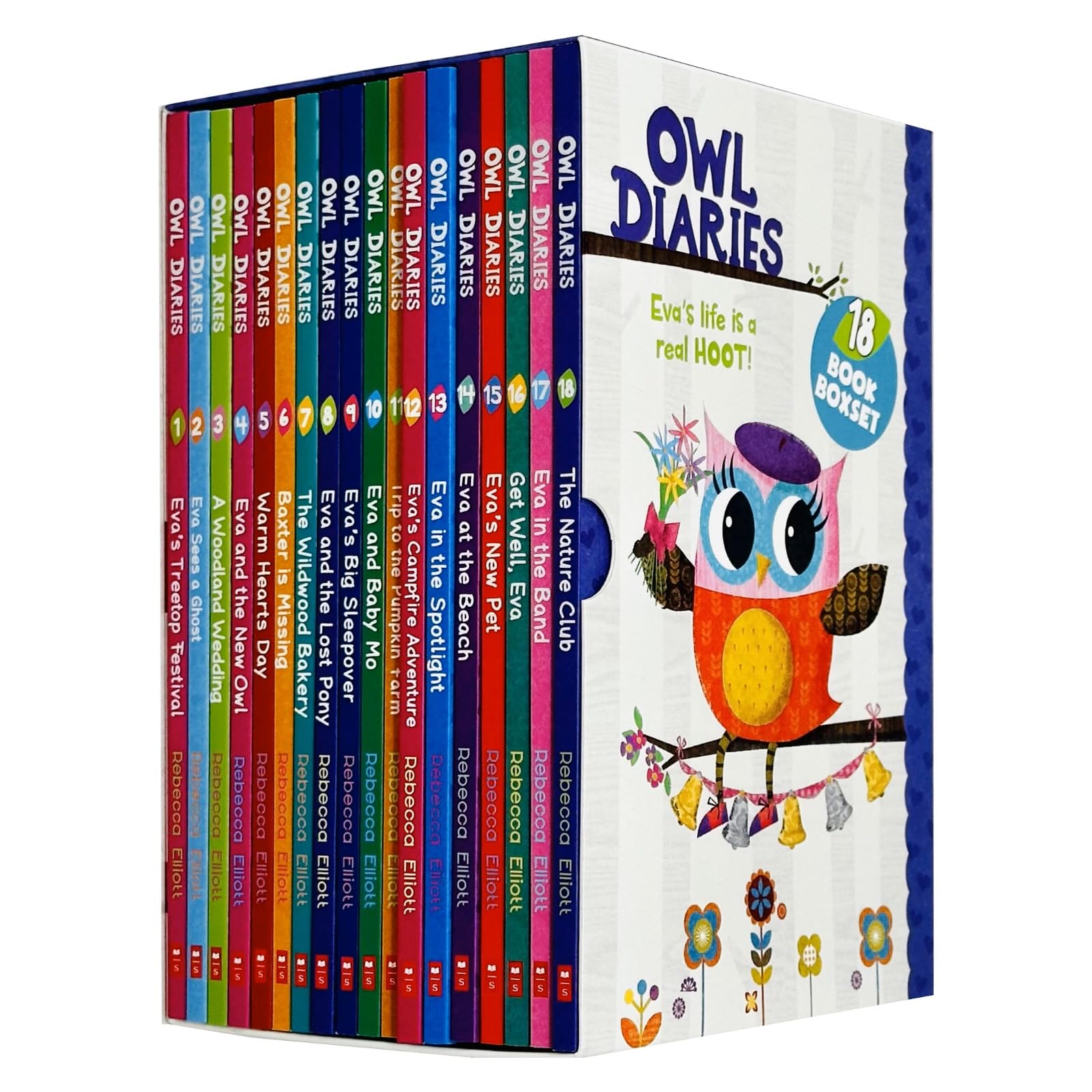 All 18 Owl Diaries paperback books by Rebecca Elliott fanned out together, displaying the full range of colorful owl character covers.