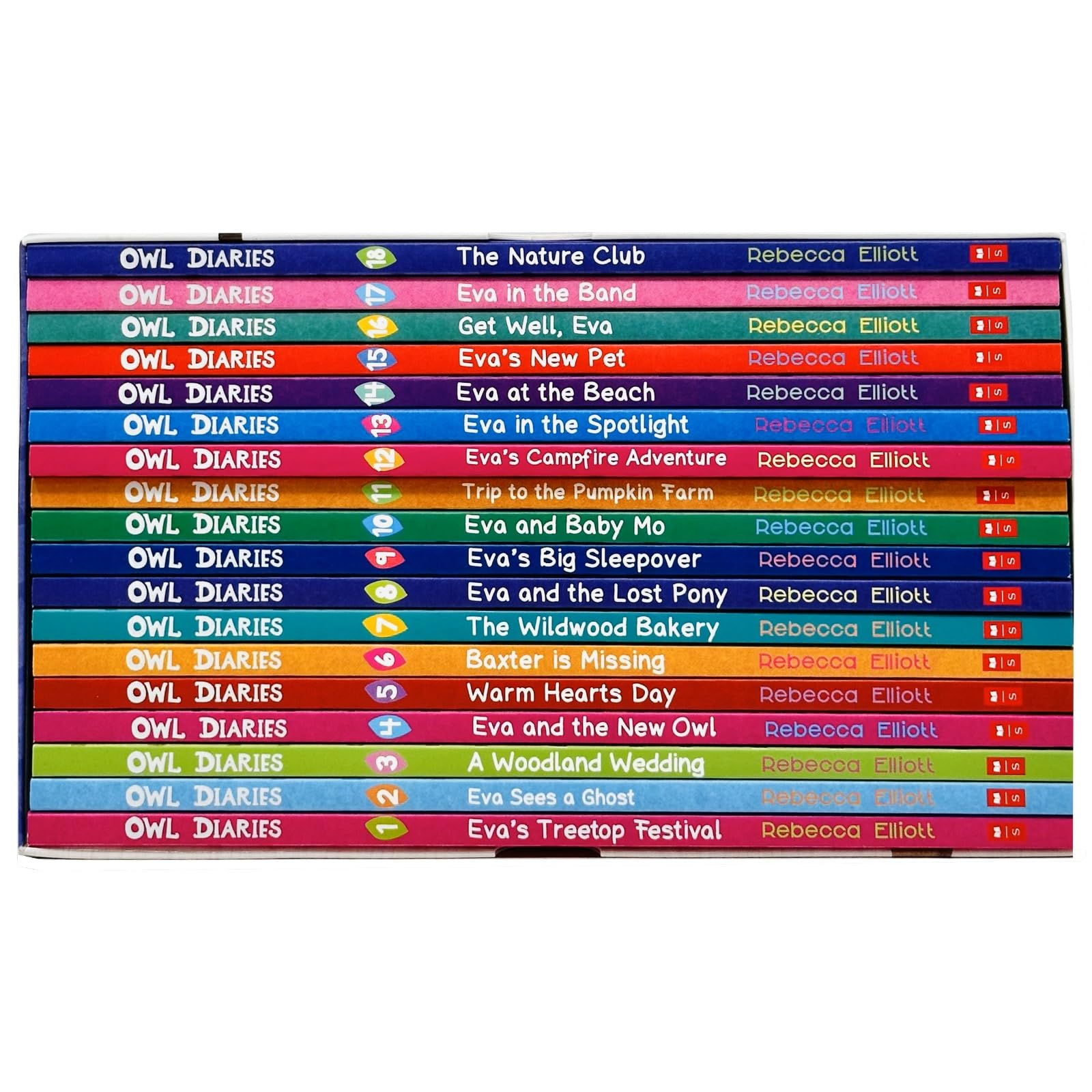 Close-up of several Owl Diaries paperback book covers by Rebecca Elliott, highlighting titles like Eva's Treetop Festival and Eva Sees a Ghost.
