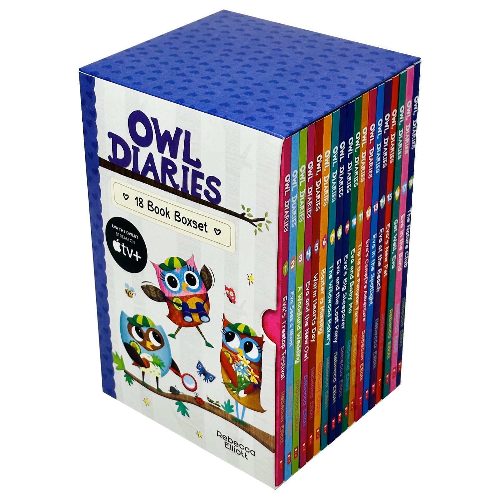 Stacked view of the Owl Diaries 18-book box set by Rebecca Elliott, showing the paperback spines and set packaging for ages 5-7.