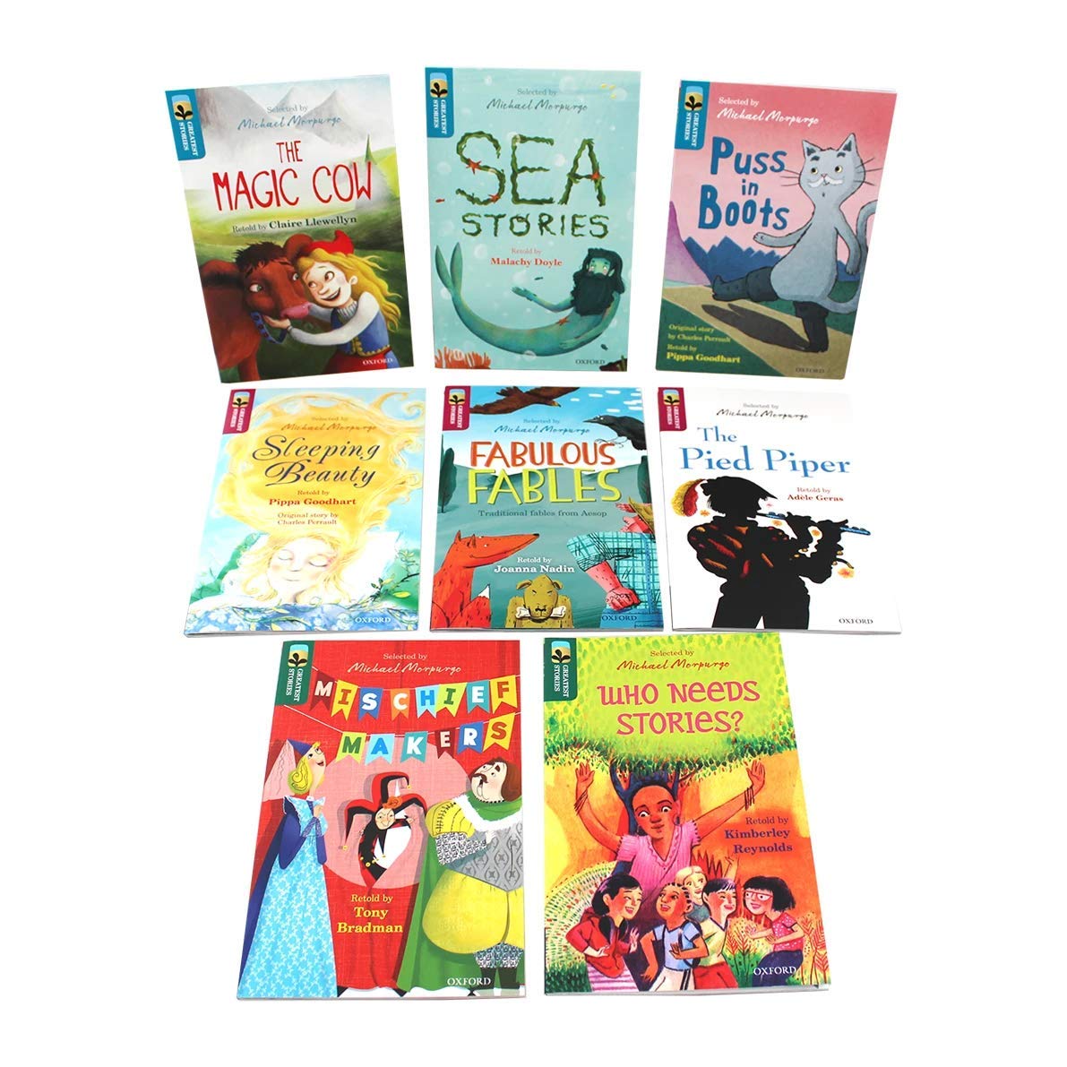 Close-up of Puss in Boots and Sleeping Beauty paperback covers from the Oxford Reading Tree Greatest Stories collection