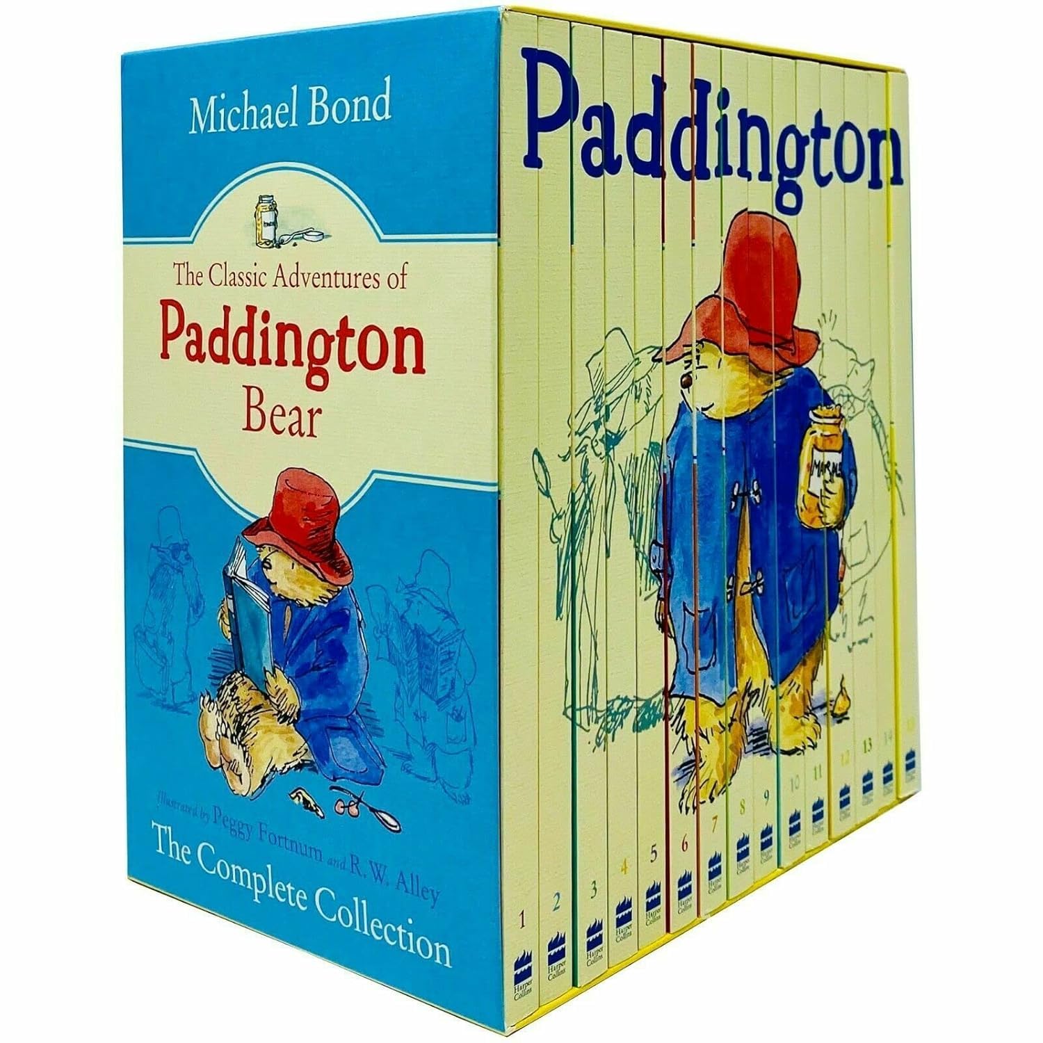 The Classic Adventures of Paddington Bear 15-book paperback slipcase set by Michael Bond, showing the full collection box for ages 5-7