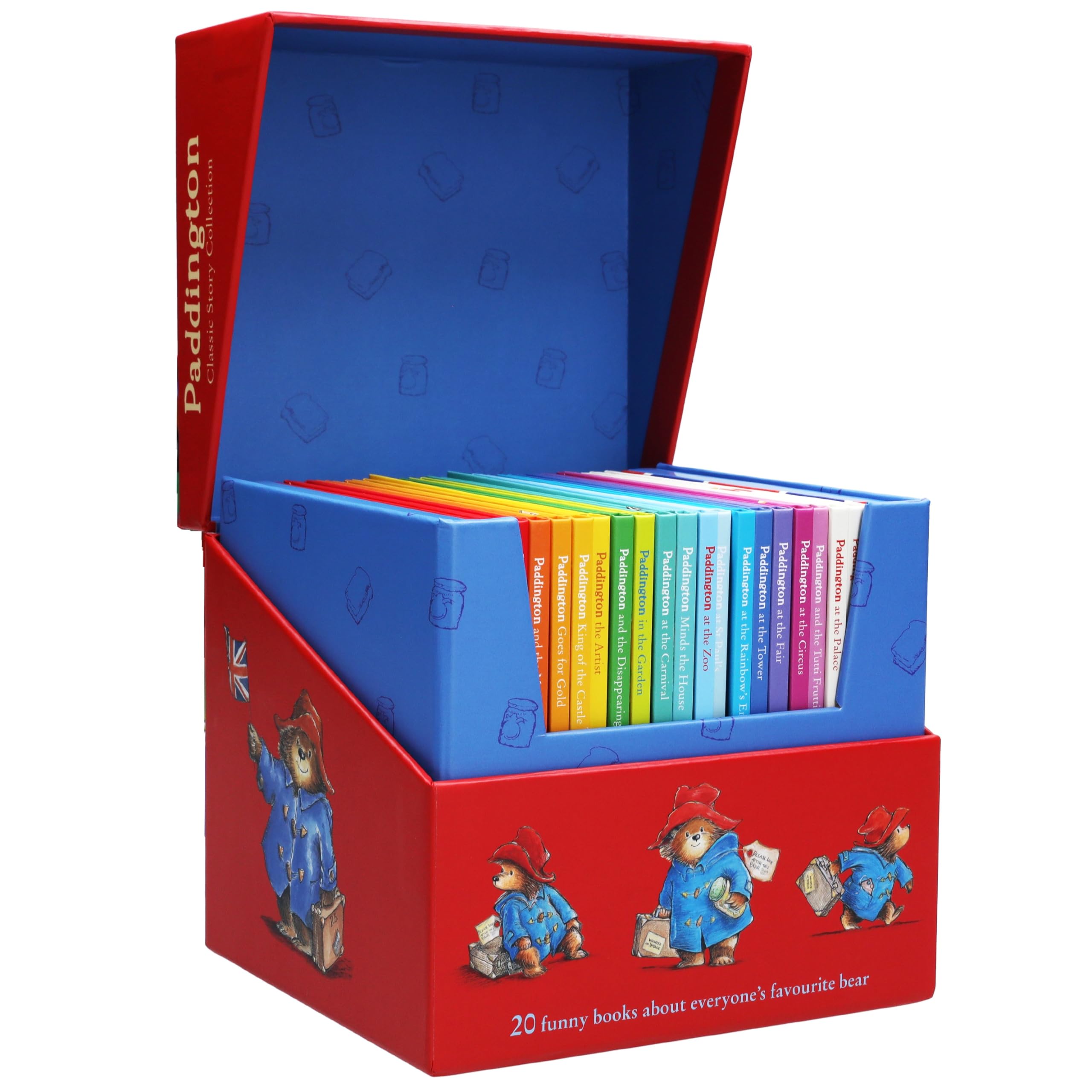 Full set of 20 Paddington Bear paperback books fanned out showing individual titles