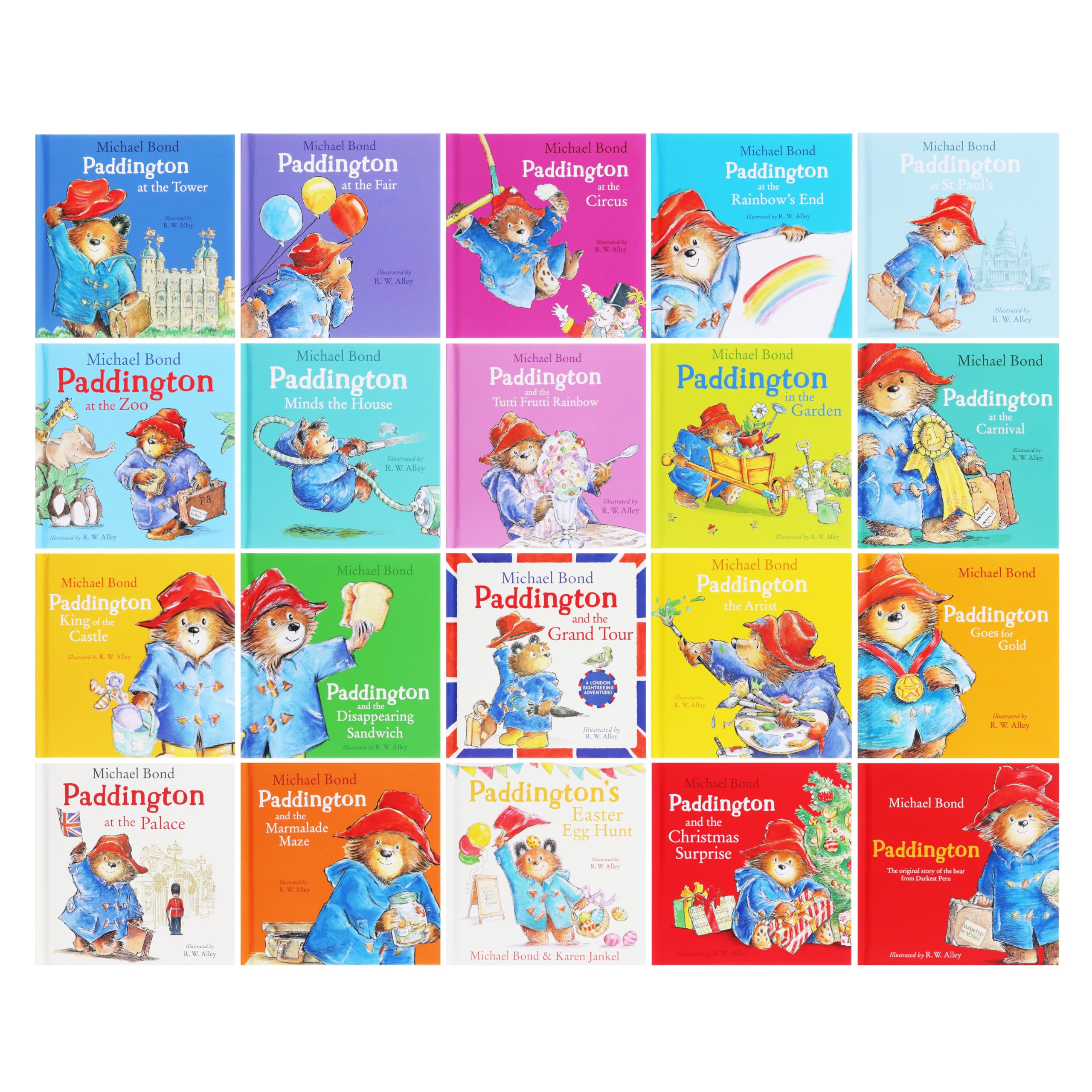Stack of Paddington Classic Story Collection paperbacks showing spines and cover art