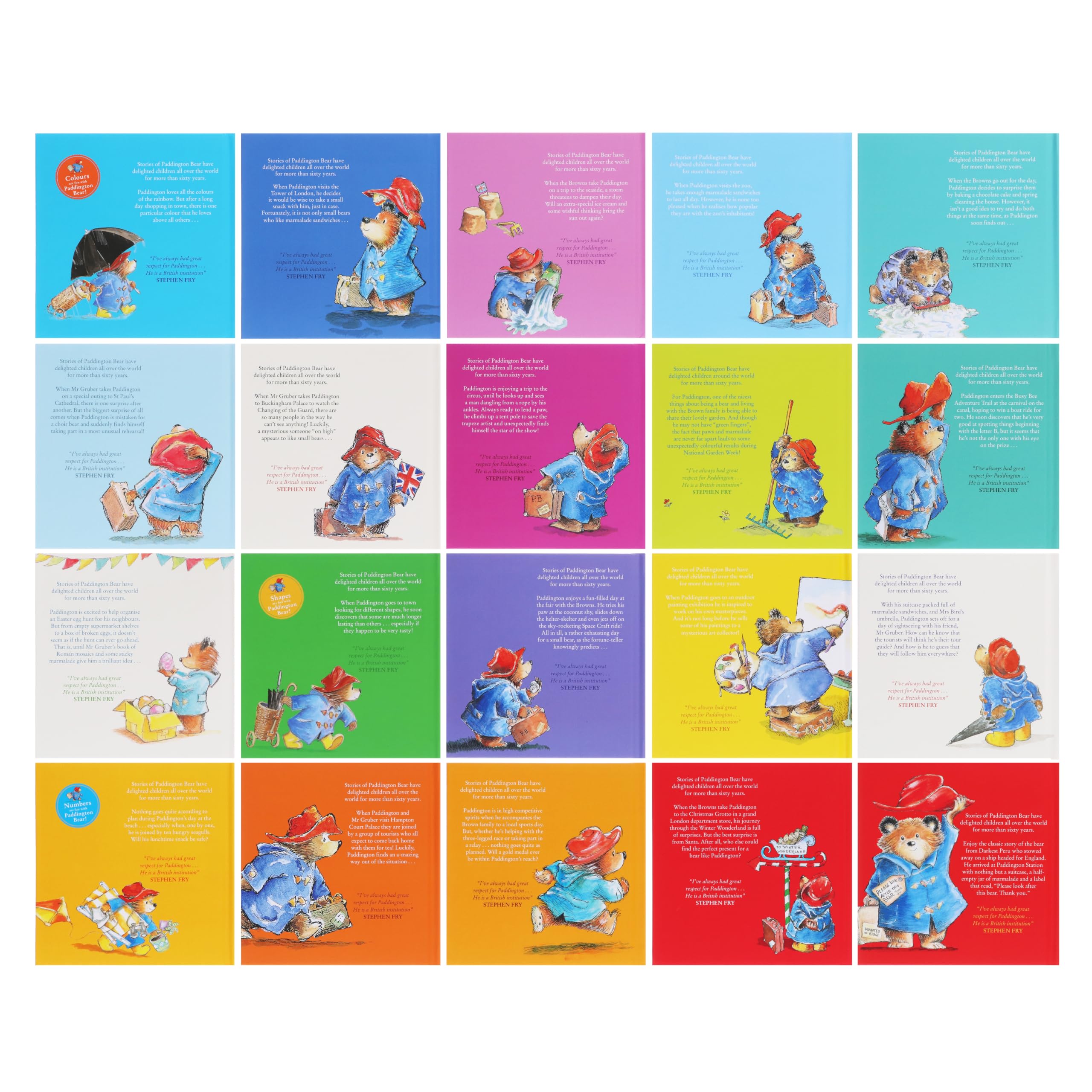 Close-up of Paddington paperback book covers including Paddington at the Zoo and Paddington at the Circus