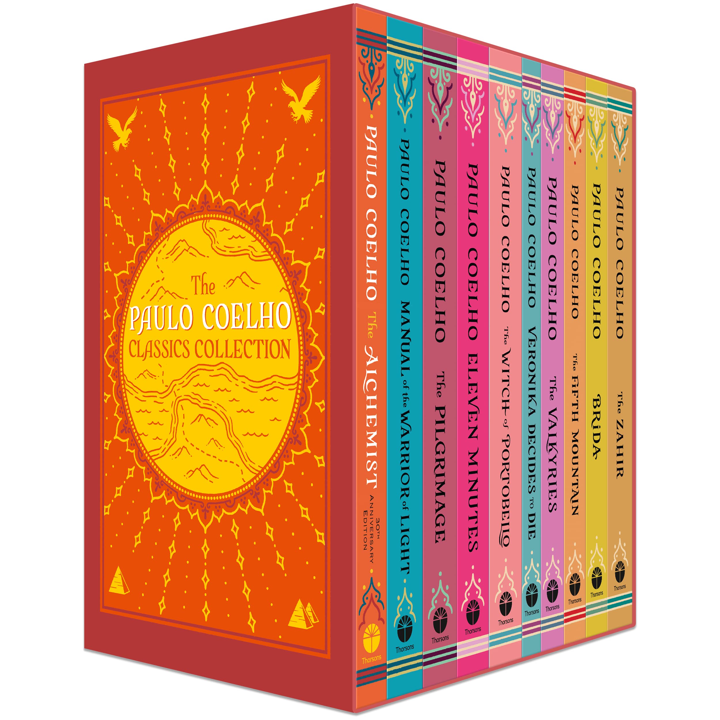 Angled view of all 10 Paulo Coelho paperback novels standing together in the Classics Collection set