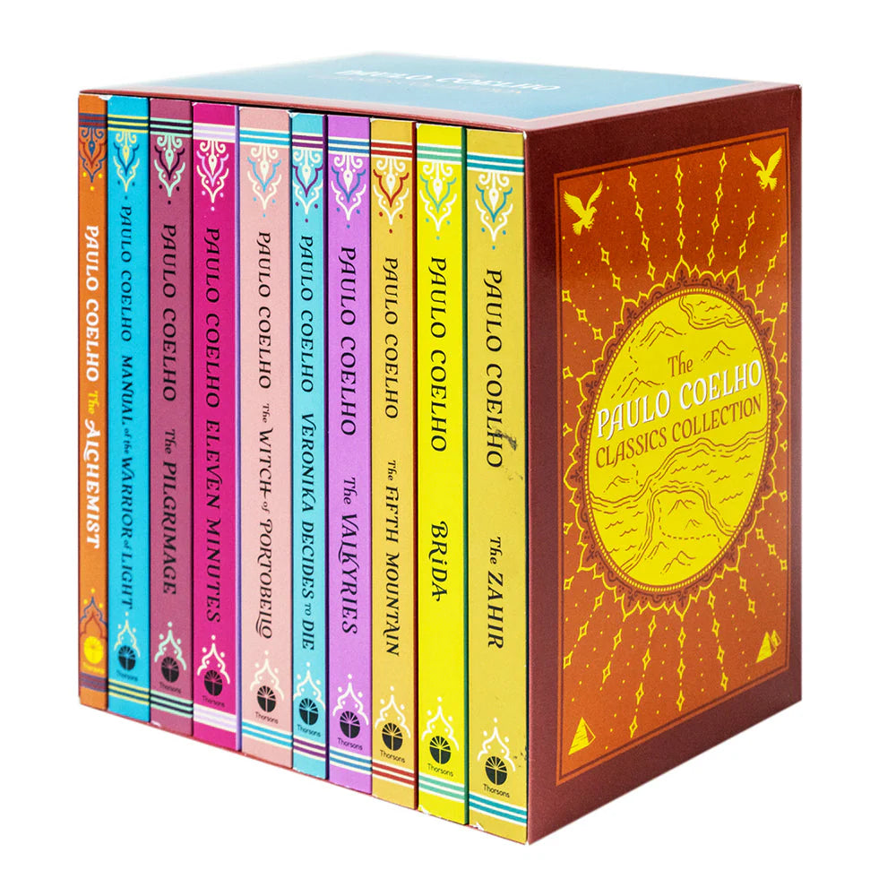 Close-up of the colorful paperback covers in the Paulo Coelho Classics Collection 10 book set