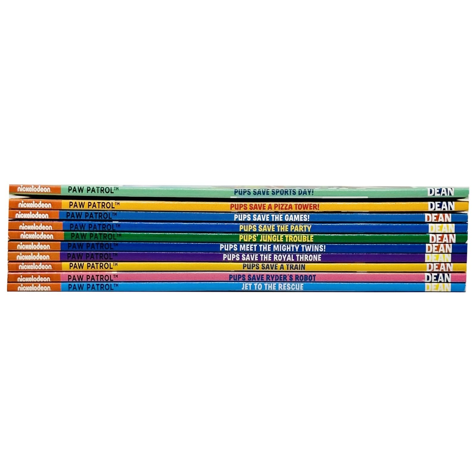 Back cover of the Paw Patrol Favourite Stories 10 book paperback collection listing all ten titles