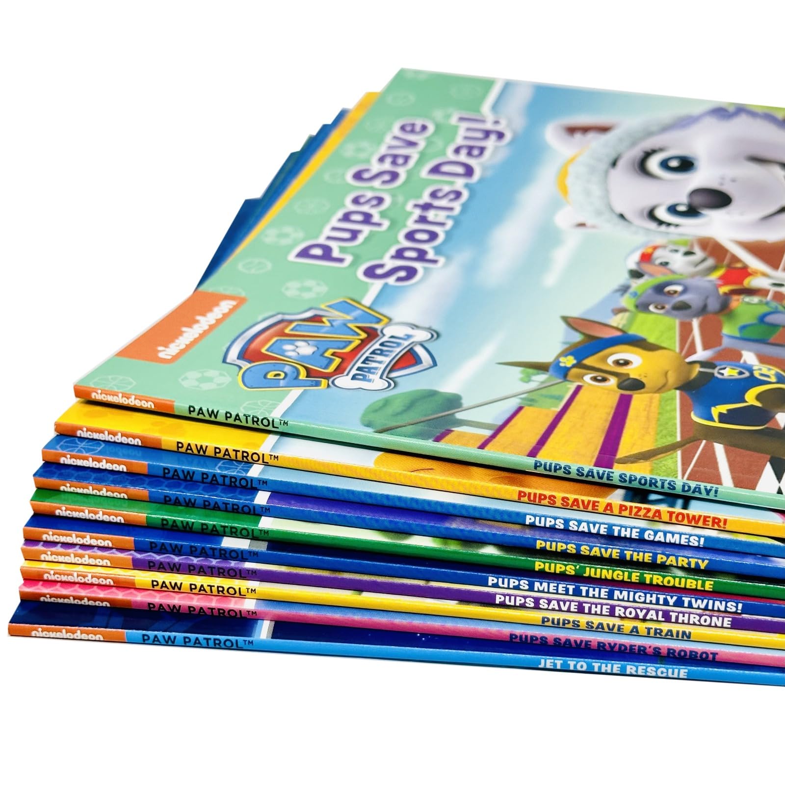 All ten Paw Patrol paperback storybooks fanned out showing individual covers including Jet To The Rescue and Pups Save A Train