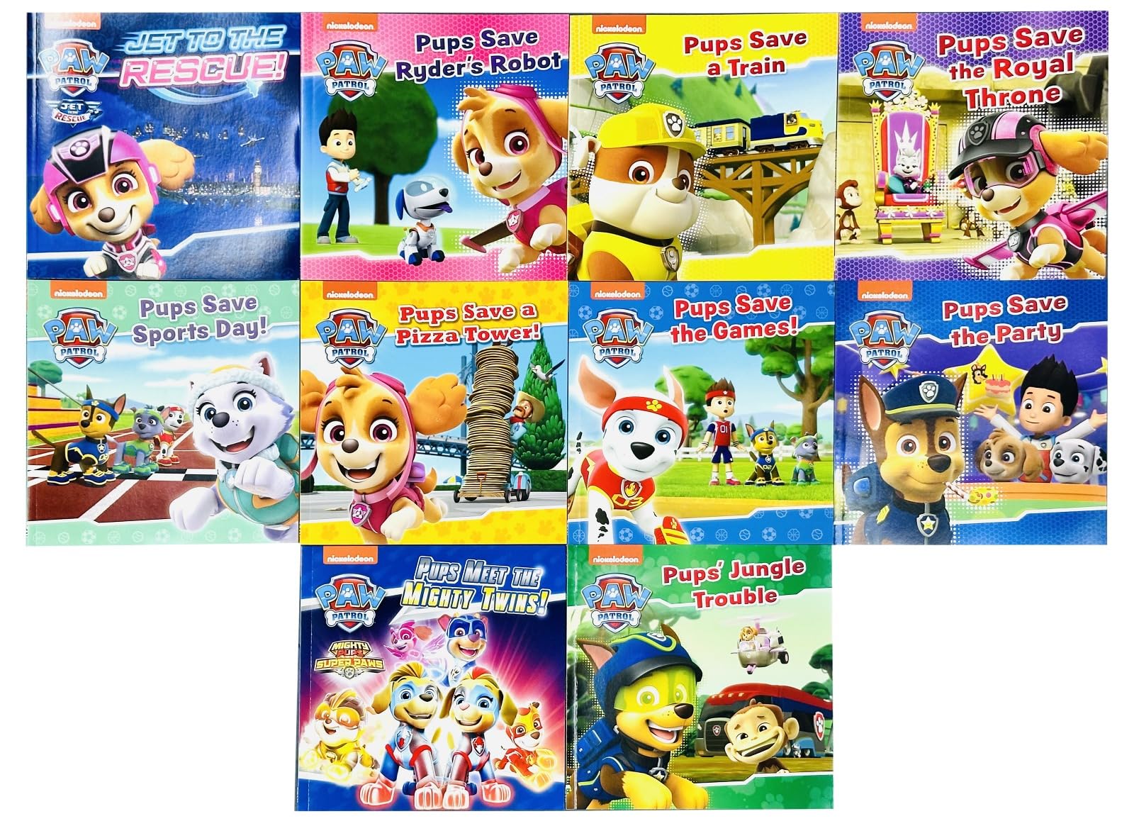 Paw Patrol Favourite Stories 10 Book Box Set - back cover of the box set with a description of the ten included PAW Patrol stories, ages 3-7 paperback