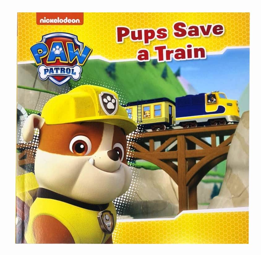 Inside page spread from a Paw Patrol storybook showing large illustrations and simple text for early readers