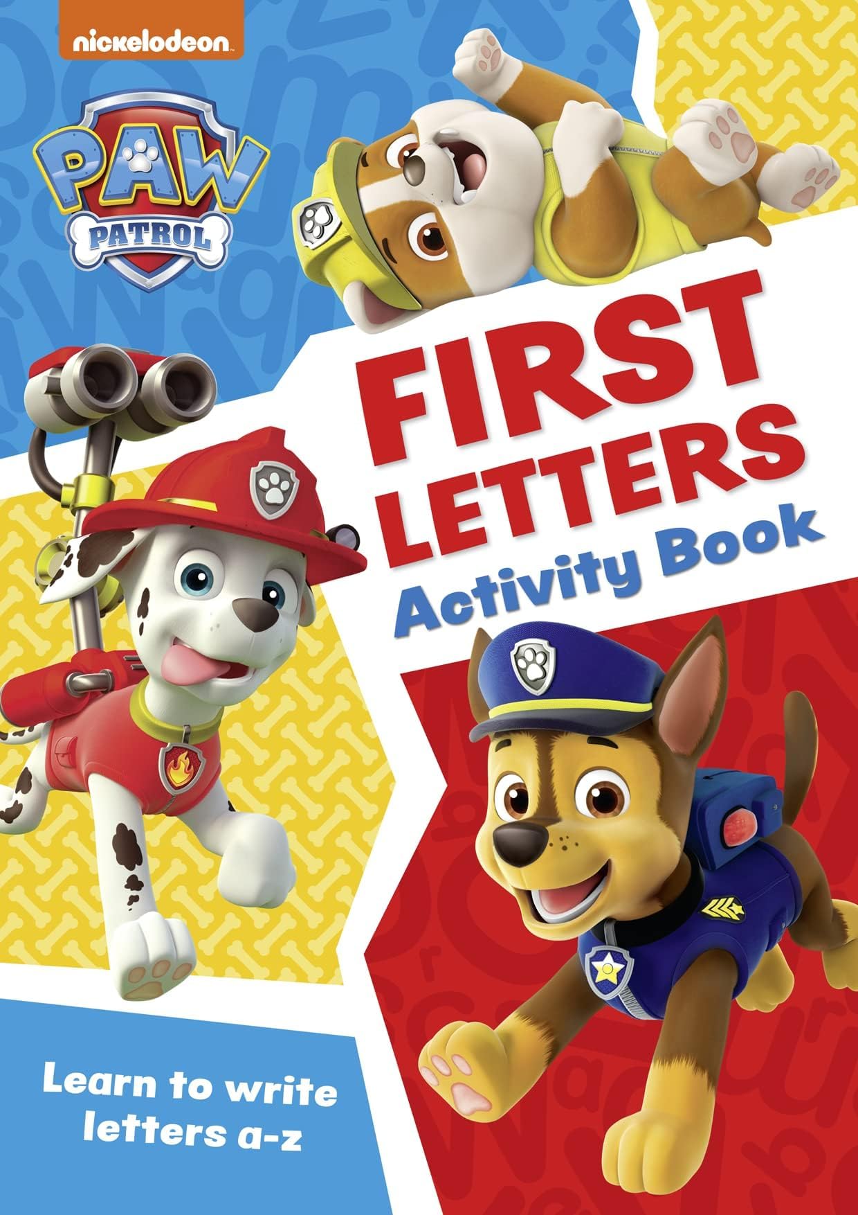 Front cover of PAW Patrol First Letters Activity Book featuring Chase and the pups, paperback for ages 3-5