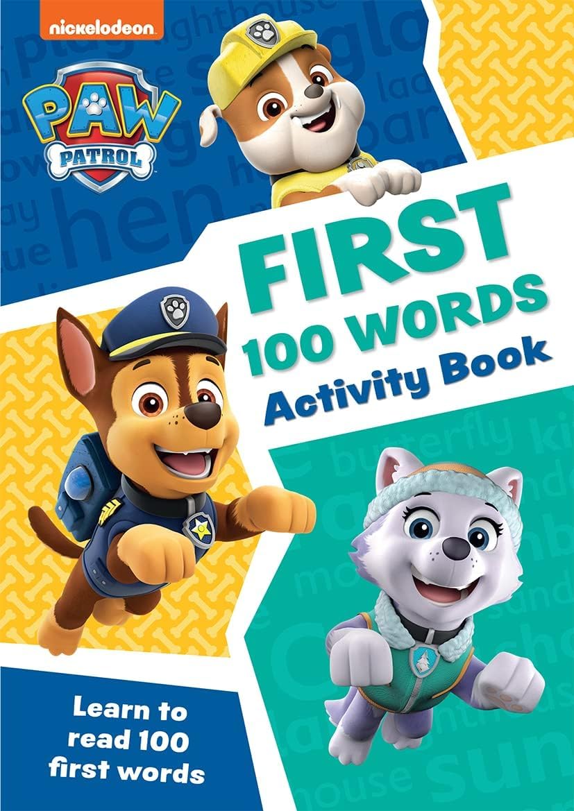 Inside page spread from a PAW Patrol activity book showing counting and tracing exercises for kids