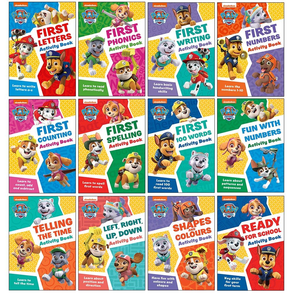 Paw Patrol Get Set for School 12 Books Collection Set - full set of paperback activity books fanned out, ages 3-5